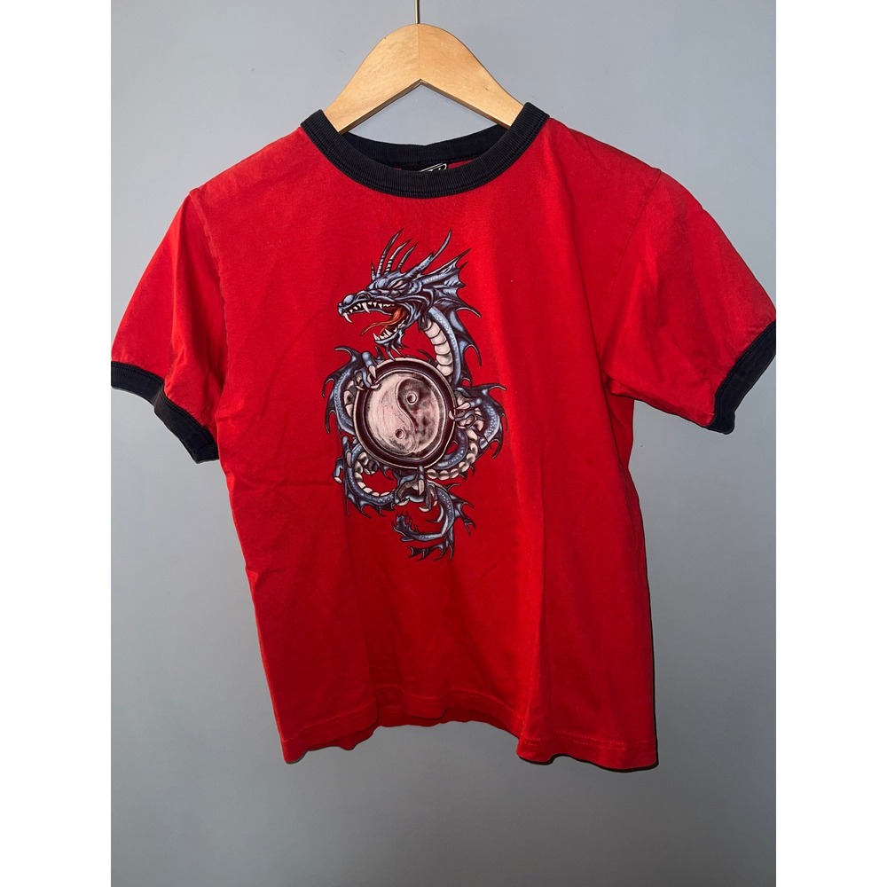 Top Heavy Kids Red Dragon Yin Yang Ringer Graphic T-Shirt Size Medium